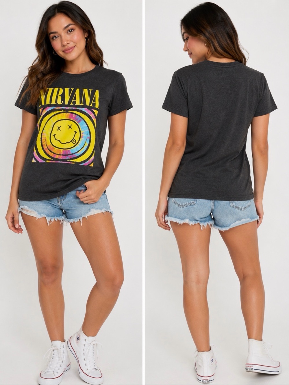 NIRVANA Black Tee with Yellow Smiley and Rainbow Rings